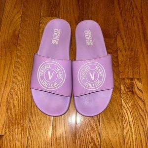 Selling versace jeans couture slides, size US 8, color purple.